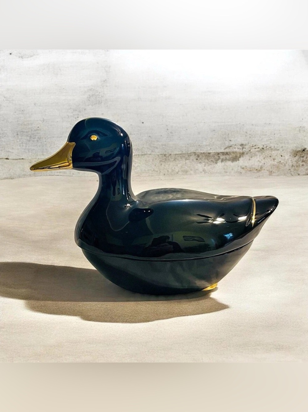 Vintage Michel Caugant Faience Duck Terrine Covered Dish Black Gold Handmade Fra